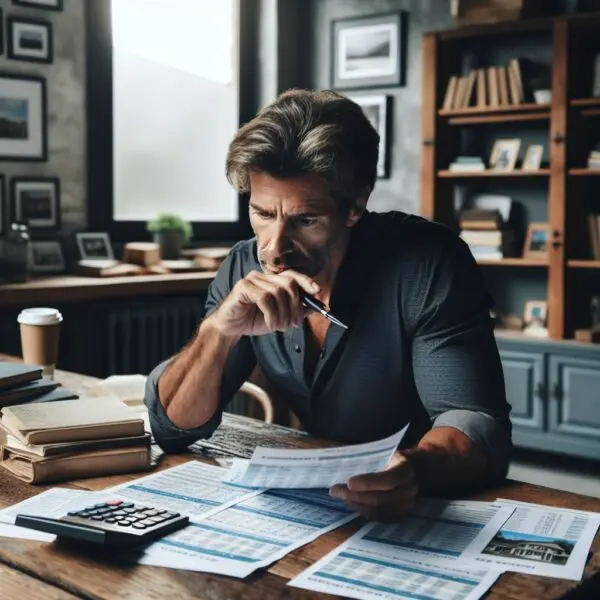 This is an AI-generated image of a man sitting at a desk. On his desk are some papers and a calculator. The man is thinking, trying to determine mathematical calculations. 