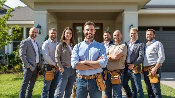 This AI-generated image portrays a team of real-estate professionals standing outside a newly-finished home.