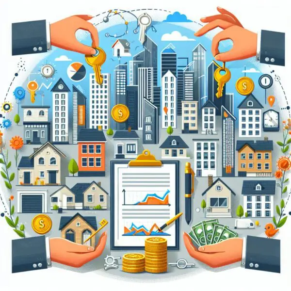 This AI-generated image has many things going on: houses, property, buildings, keys, a checklist... It basically is a mish-mash of images that convey the real estate industry. 