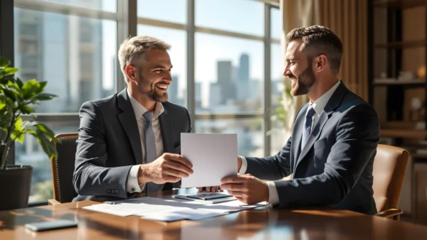 This AI-generated image features 2 men: one is a lender, the other is a borrower. The lender is congratulating the borrower on having been approved for a loan. 