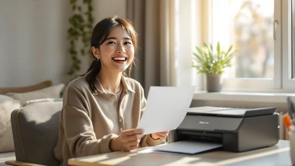 This AI-generated image features an Asian lady sitting by her printer, cheering, because she holds a proof of funds letter that she just printed at home.